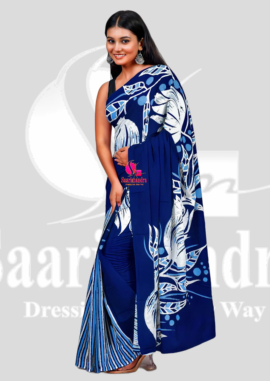Batik Indian Premium Elegant Navy Blue & White Leaf Printed Batik Cotton Saree